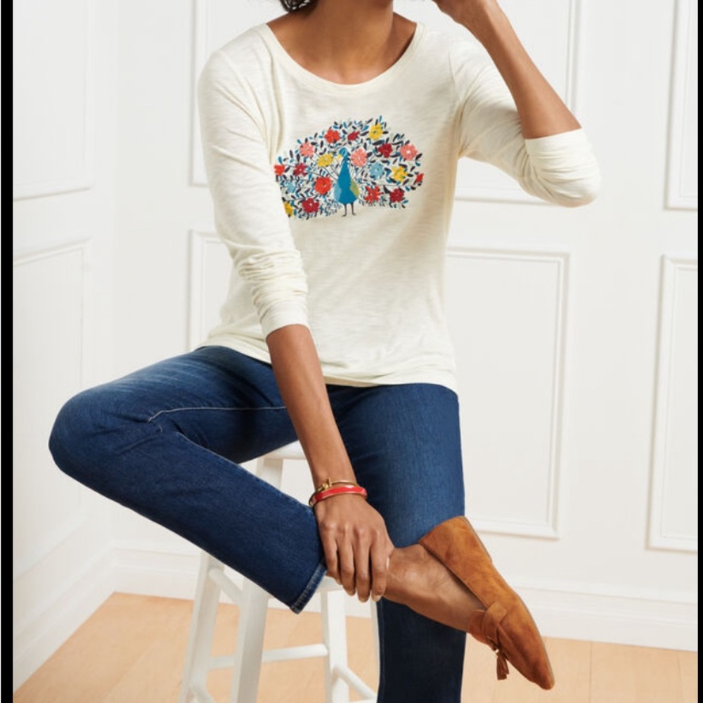 TALBOTS COTTON BLEND EMBROIDERED PEACOCK LONG SLEEVE